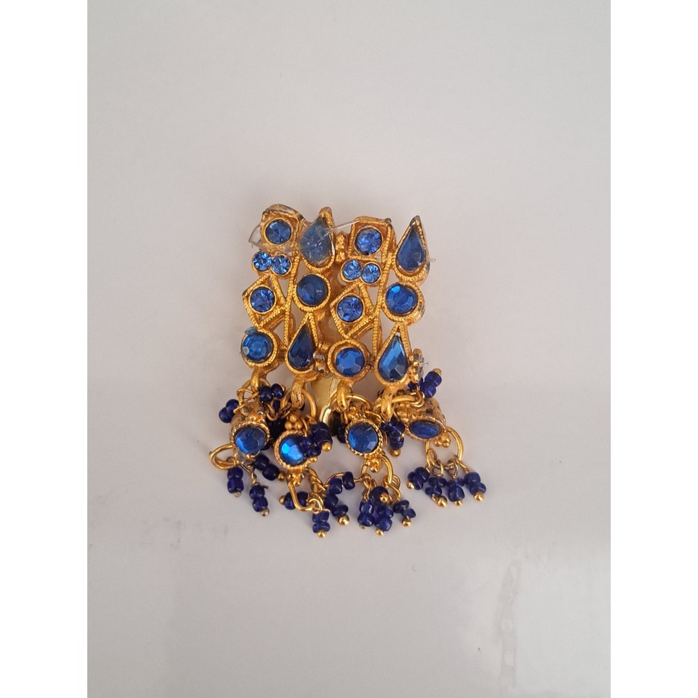 Vintage Gold Tone Blue Rhinestone Dangle Brooch Pin Beaded Tassel Accessory